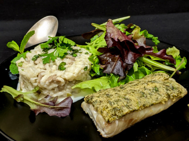 Pavé de lieu noir en croûte d’herbes, Risotto aux pleurotes. - Recette ...